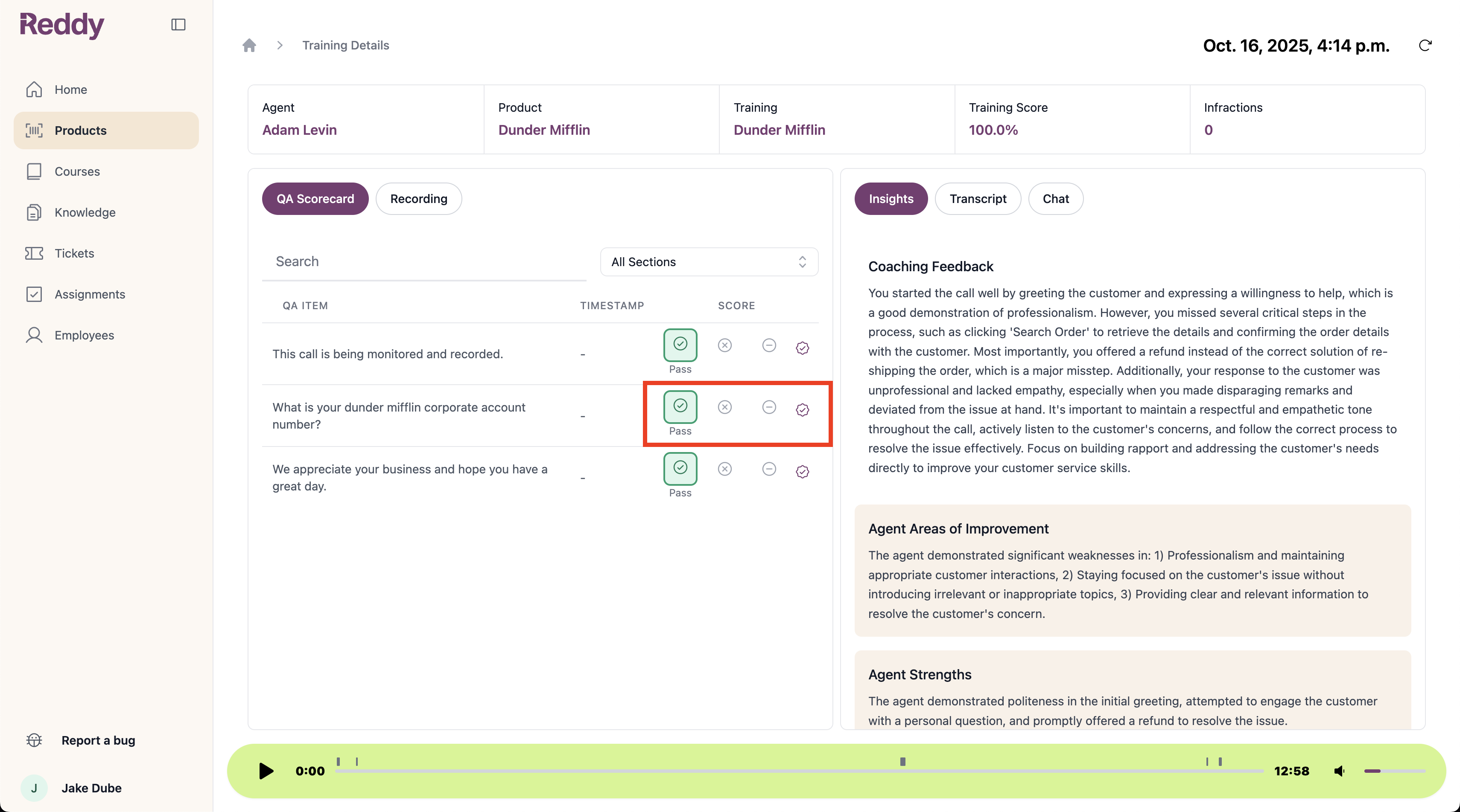 QA scorecard showing items to review