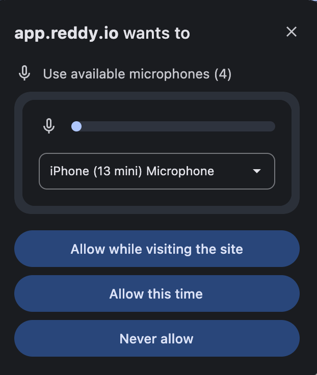 Chrome browser permission popup requesting microphone access