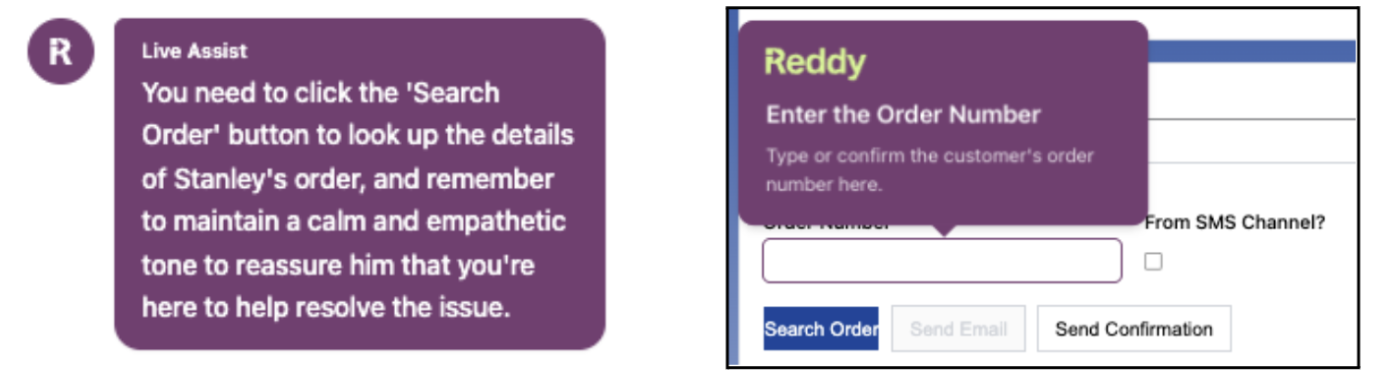 Live Assist guidance with desktop application interface showing order search
