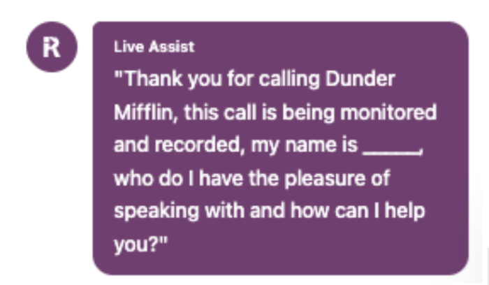 Live Assist bubble showing initial call instructions and context