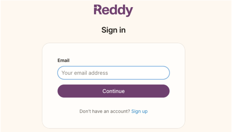 Reddy sign-in interface showing email input field and continue button