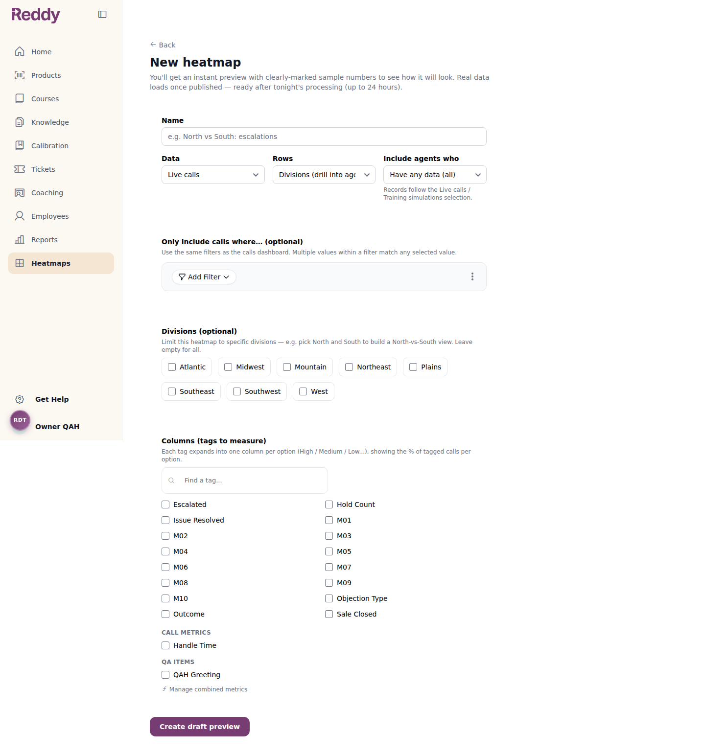 The New heatmap form with Name, Data, Rows, Include agents who, filters, Divisions, and Columns sections