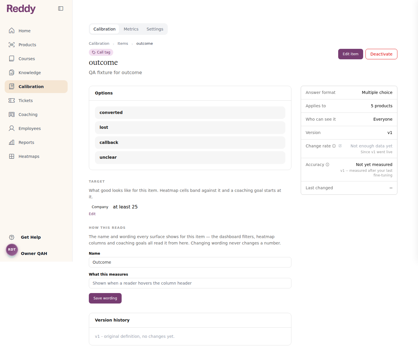 A Calibration item page showing its Options, a Target section, and a How this reads section with Name and What this measures fields