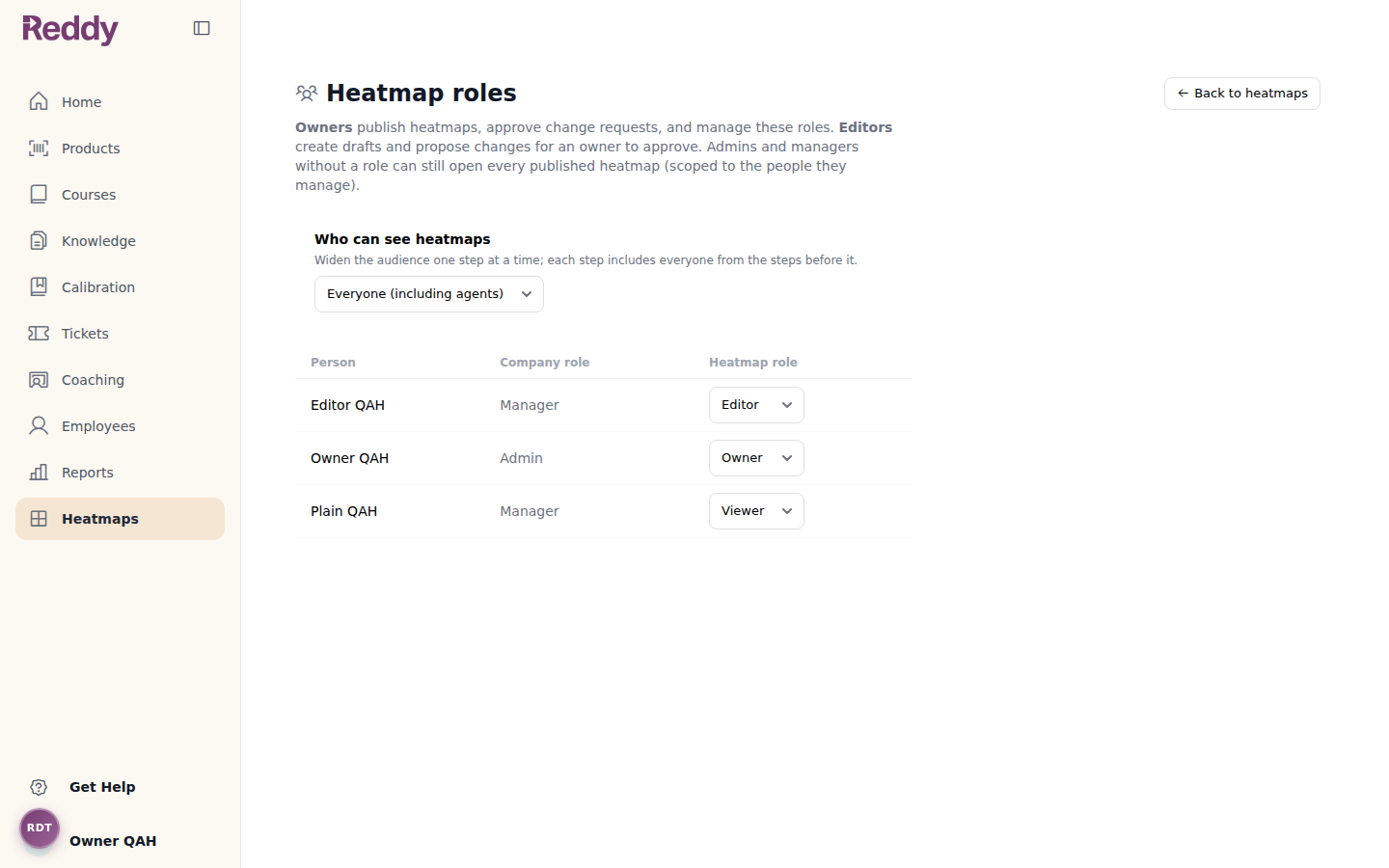 The Heatmap roles page with a Who can see heatmaps selector and a table assigning Viewer, Editor, or Owner to each person