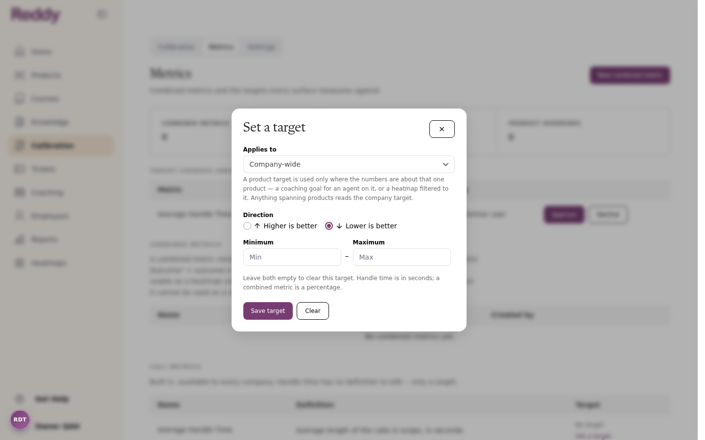 The Set a target dialog with Applies to, Direction, Minimum, and Maximum fields