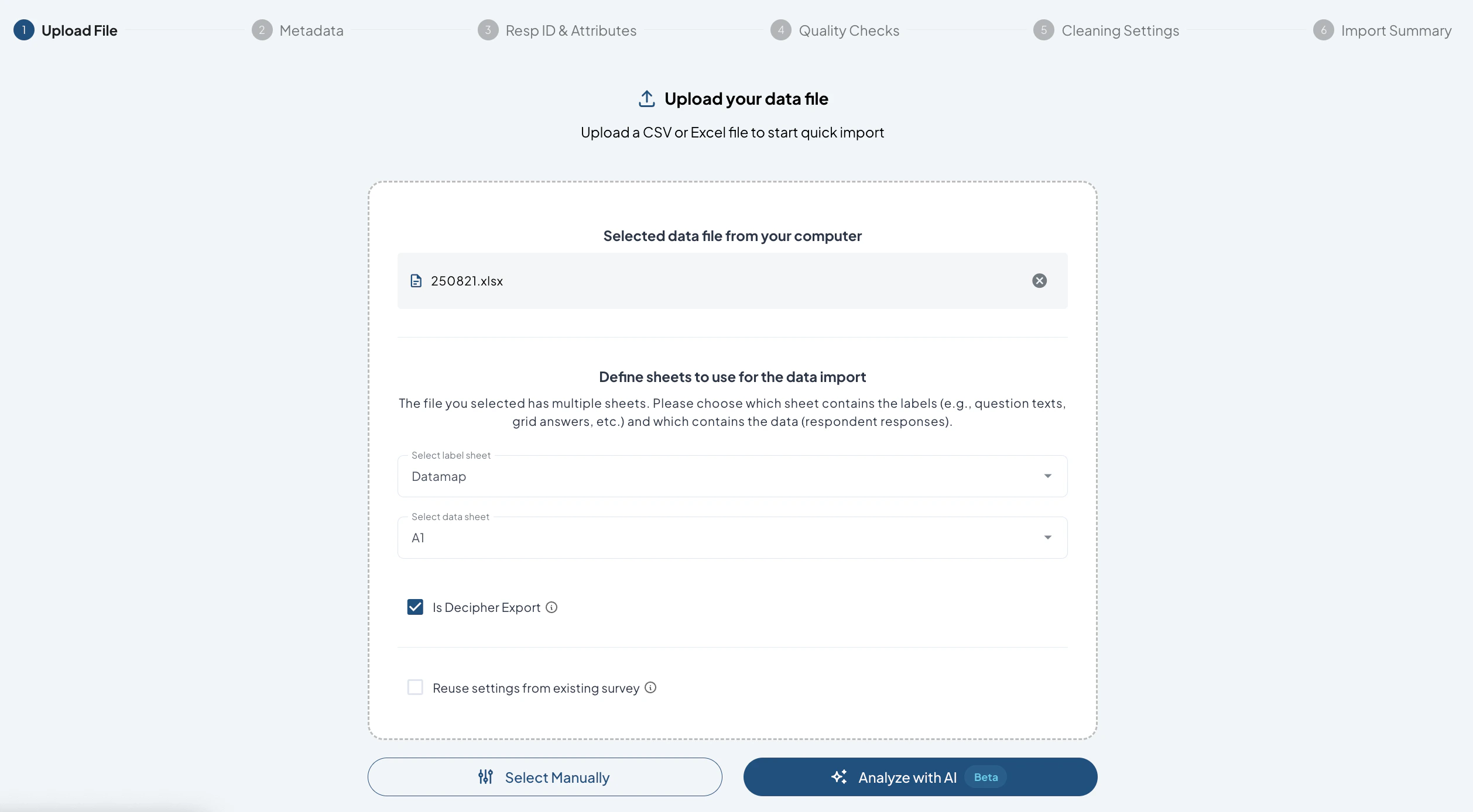 Upload File step: Datamap for label sheet, A1 for data sheet, Is Decipher Export enabled