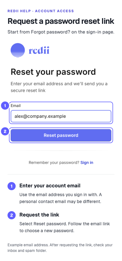 Password reset example: enter your sign-in email and select Reset password, then check your inbox.