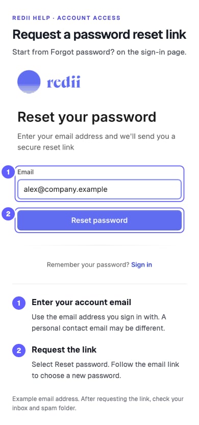 Password reset example: enter your sign-in email and select Reset password, then check your inbox.