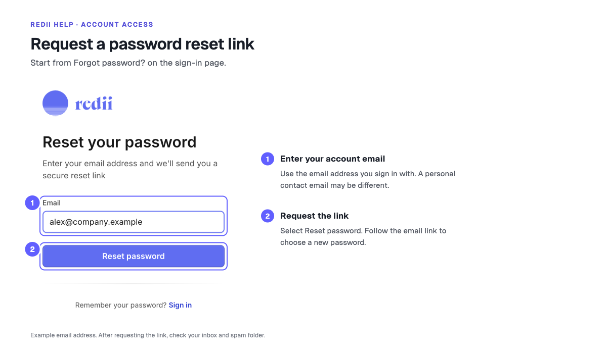 Password reset example: enter your sign-in email and select Reset password, then check your inbox.
