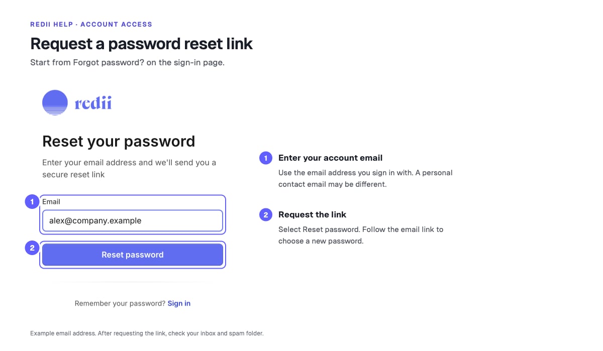 Password reset example: enter your sign-in email and select Reset password, then check your inbox.