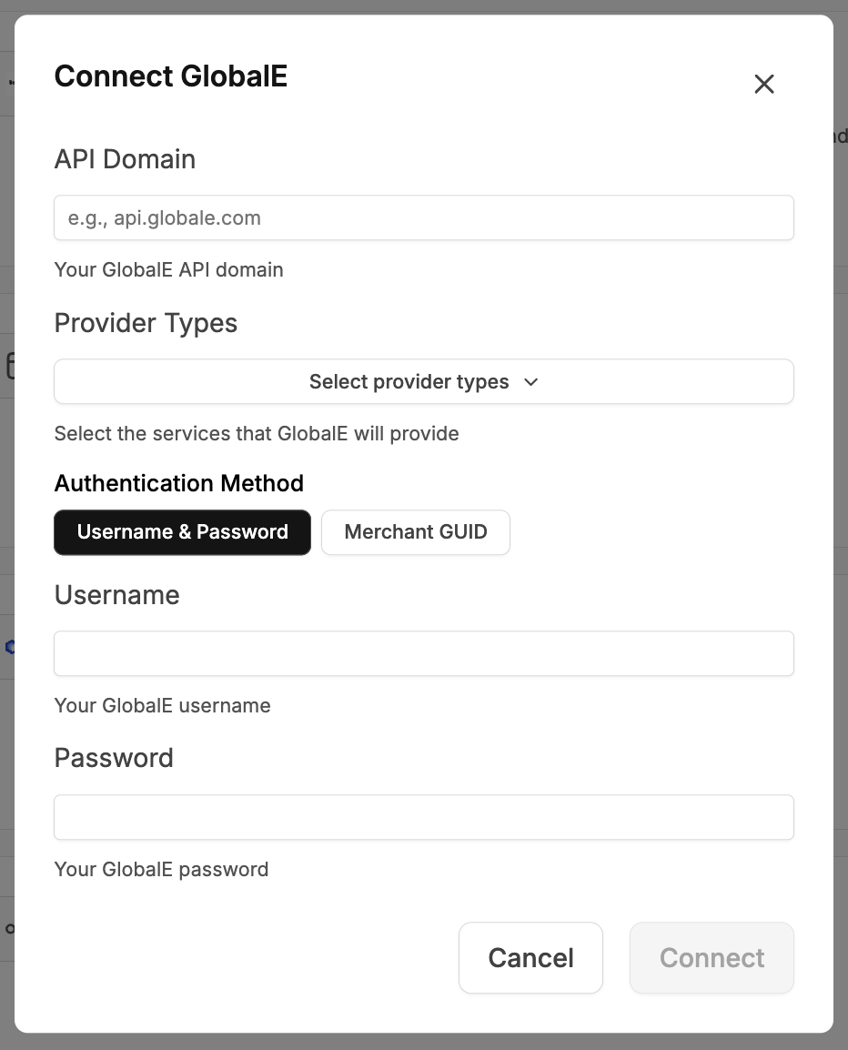 Connect Global-e dialog