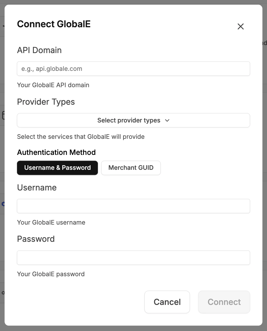 Connect Global-e dialog