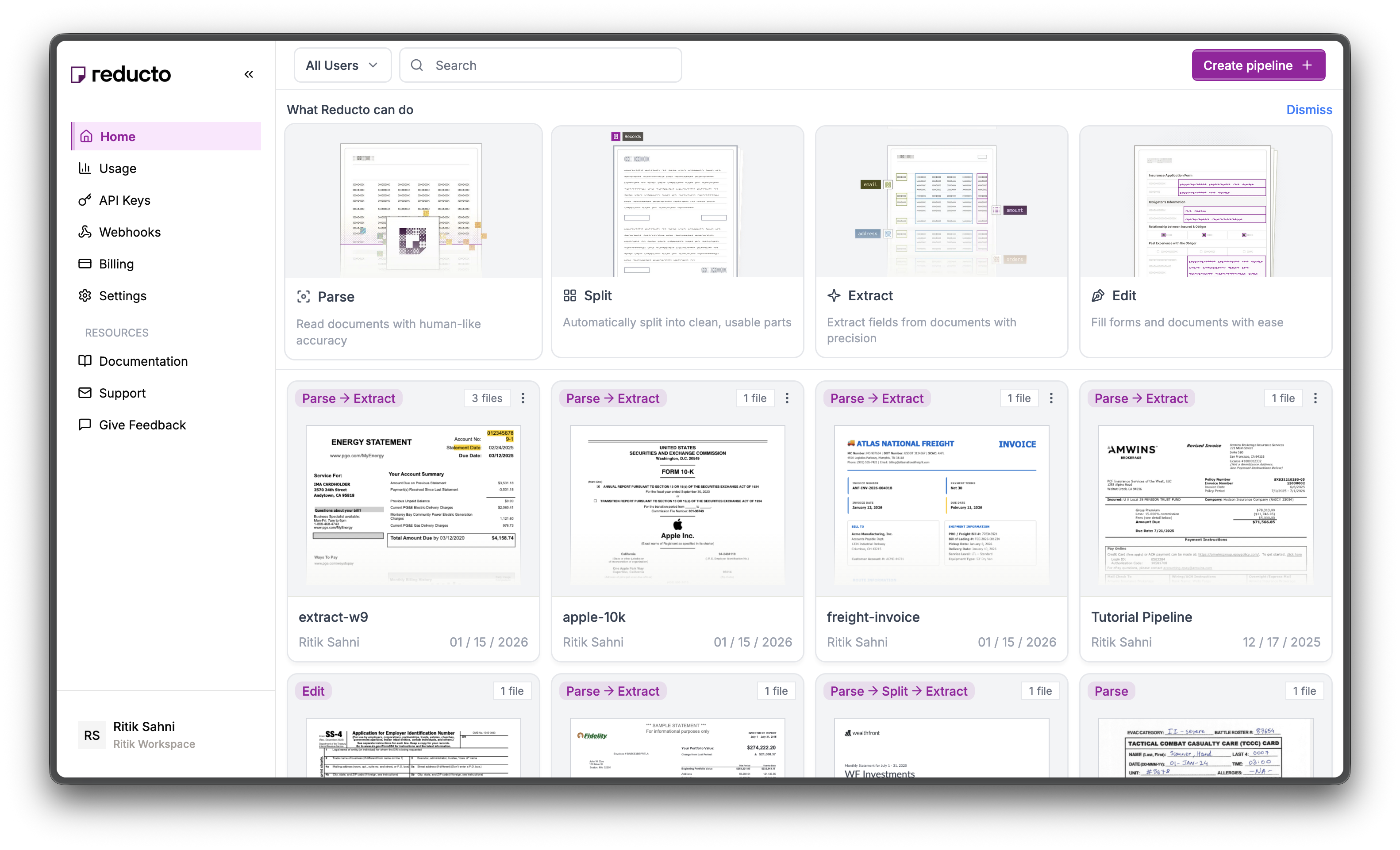 Studio home page with API Keys in sidebar