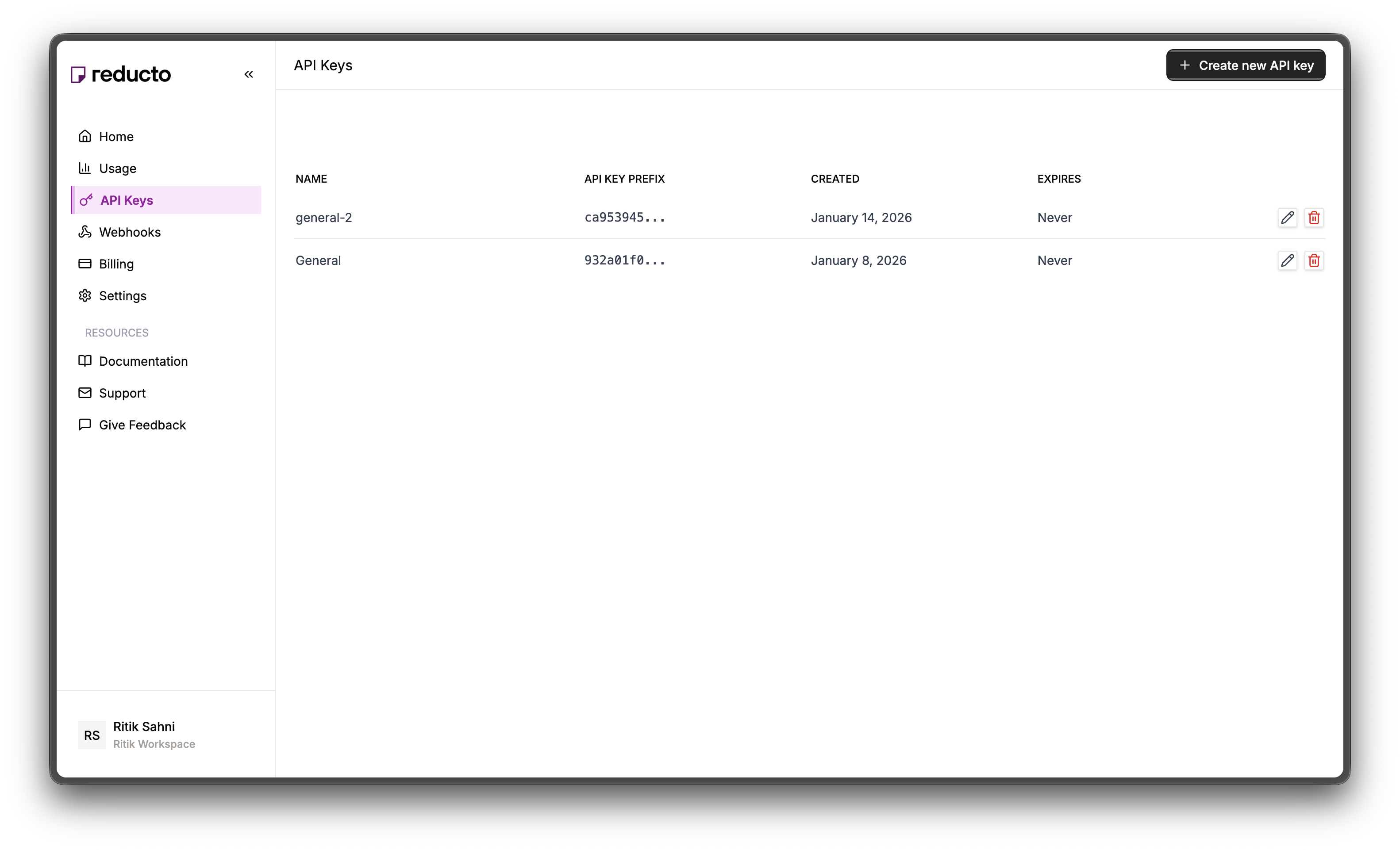 API Keys page with Create button