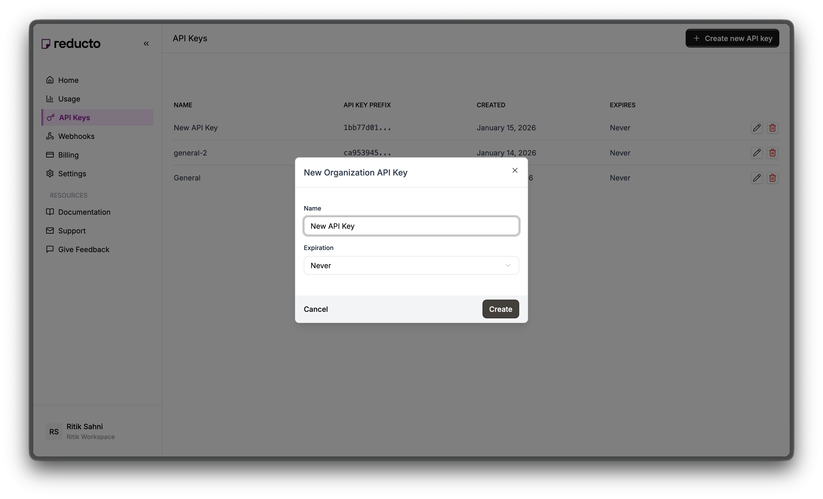 New API Key modal with name and expiration fields