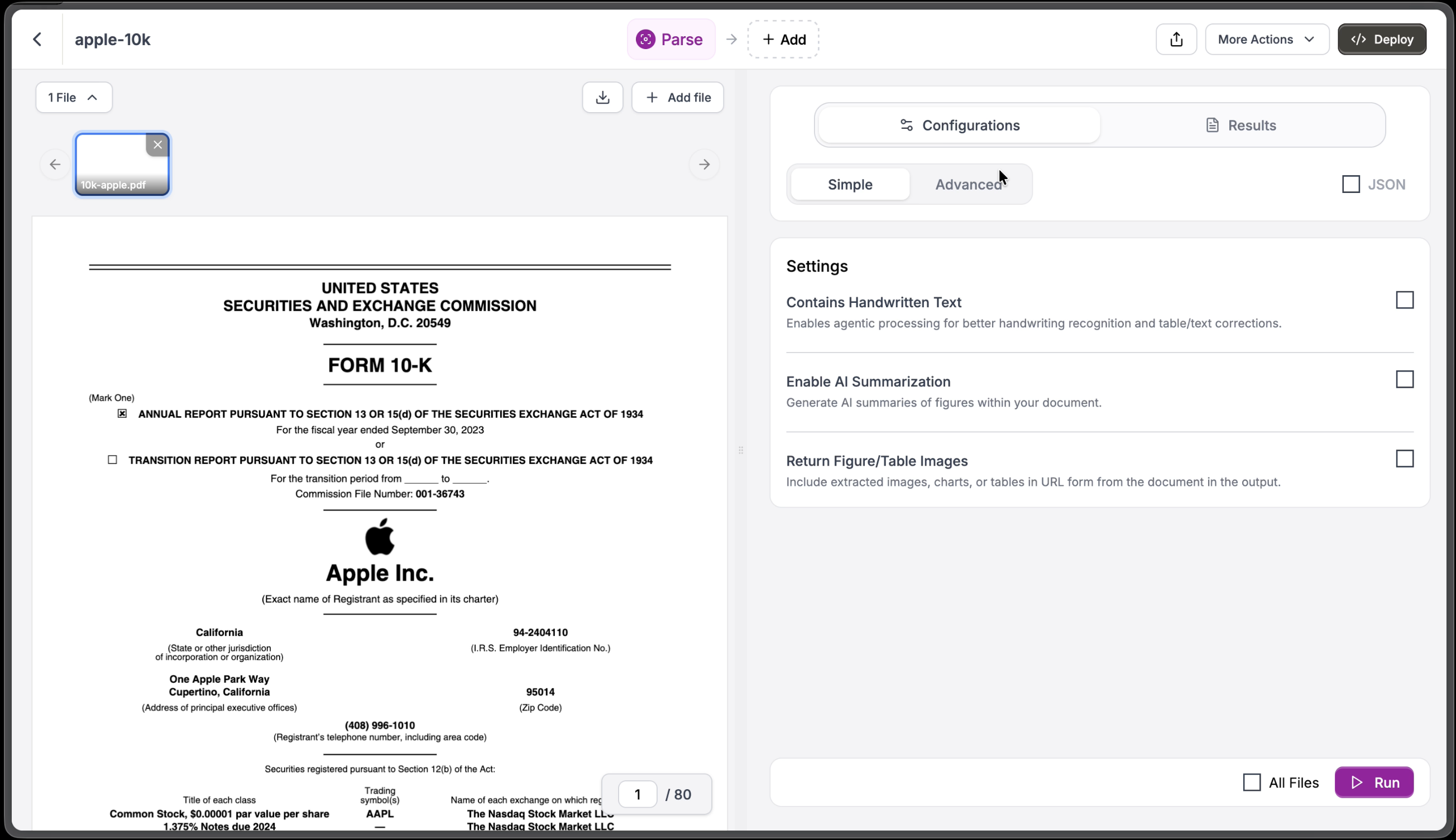 Parse view with Configurations showing settings options