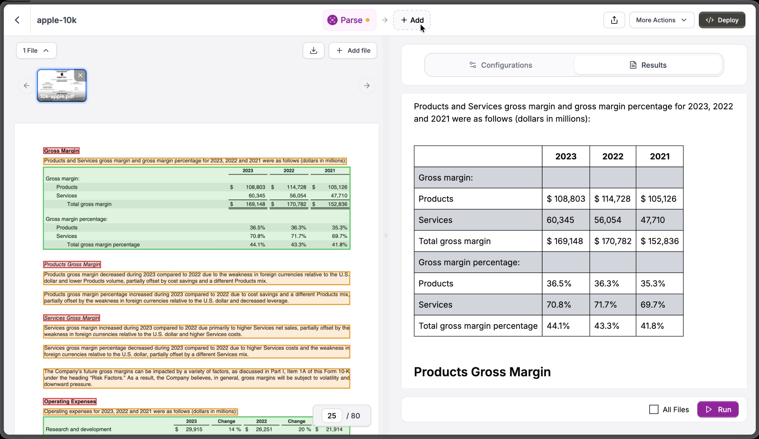 Parse results showing extracted financial table with gross margin data