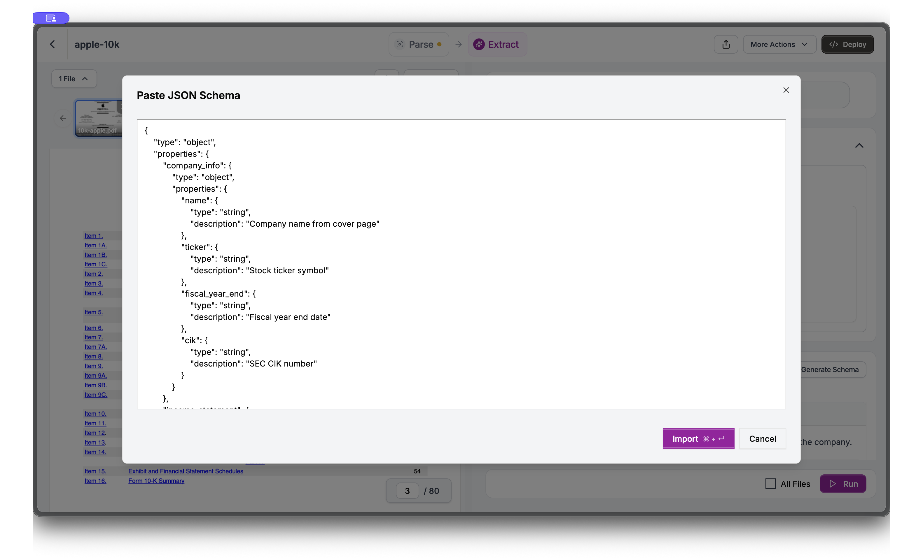 Paste JSON Schema modal showing company_info and income_statement schema
