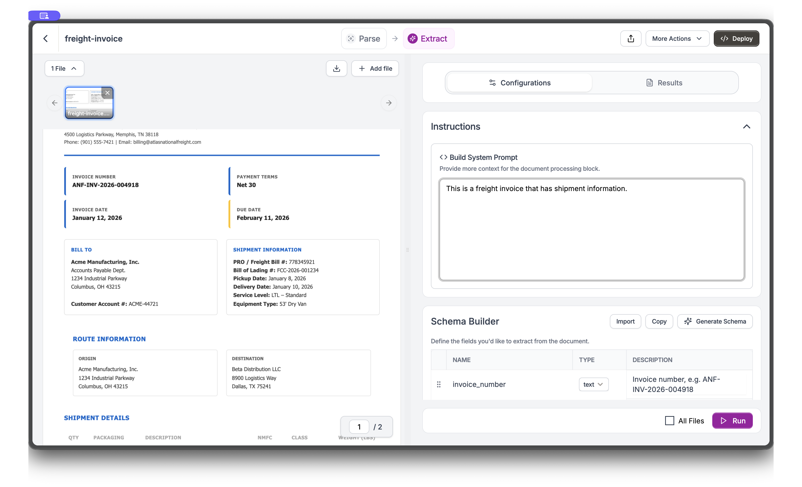 Extract view with Schema Builder showing invoice_number field