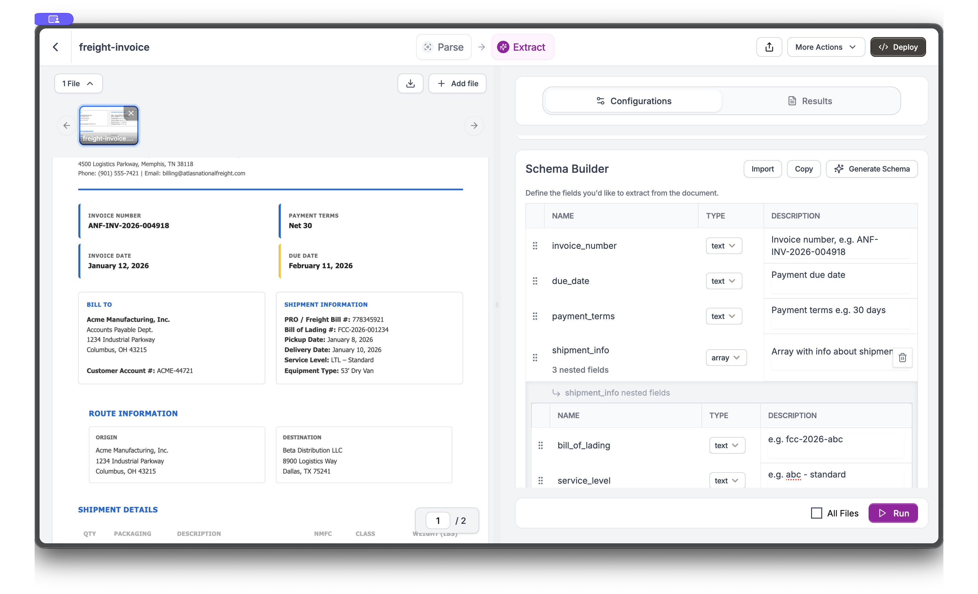 Schema Builder showing nested shipment_info array with fields