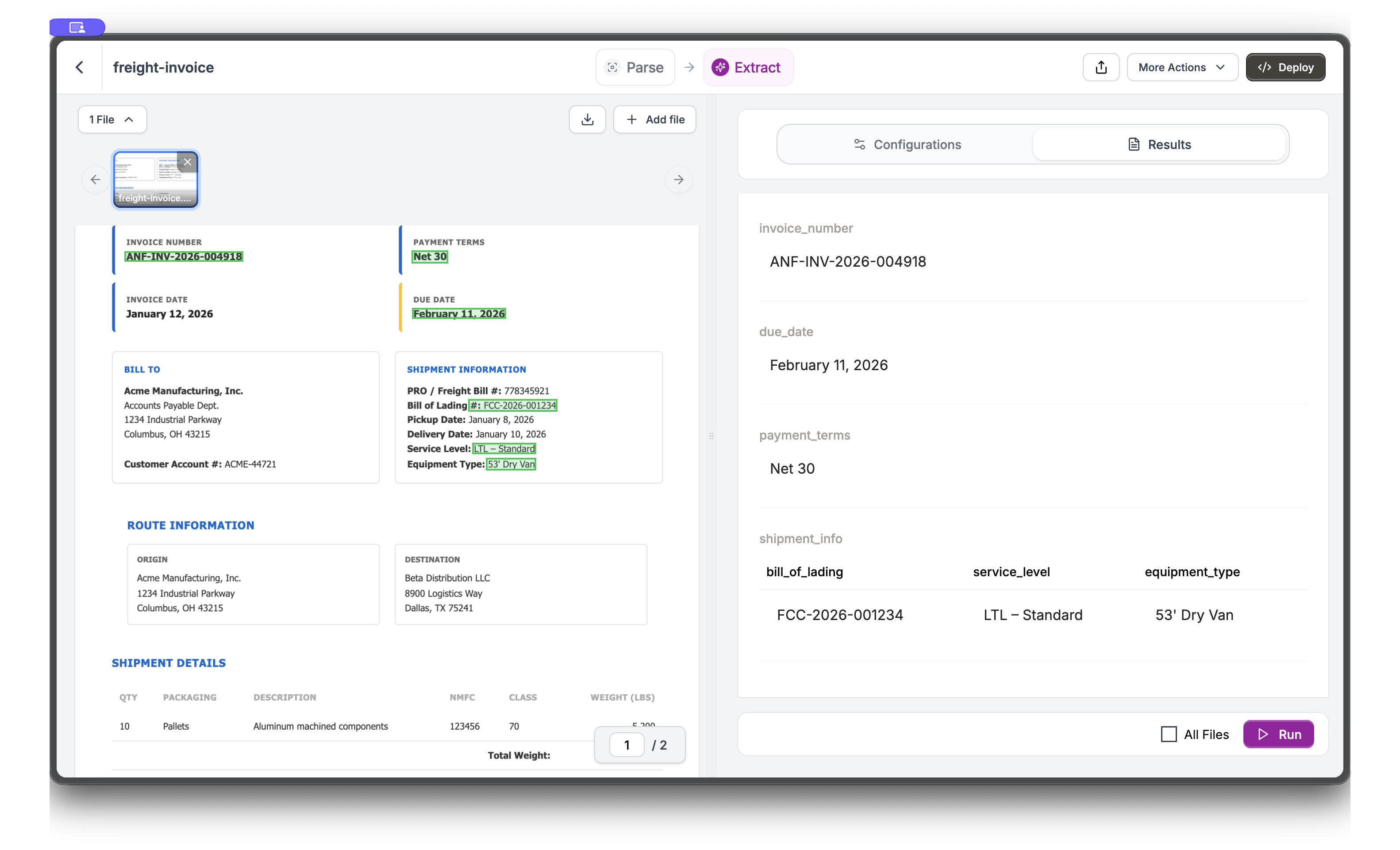 Extraction results showing highlighted values on document