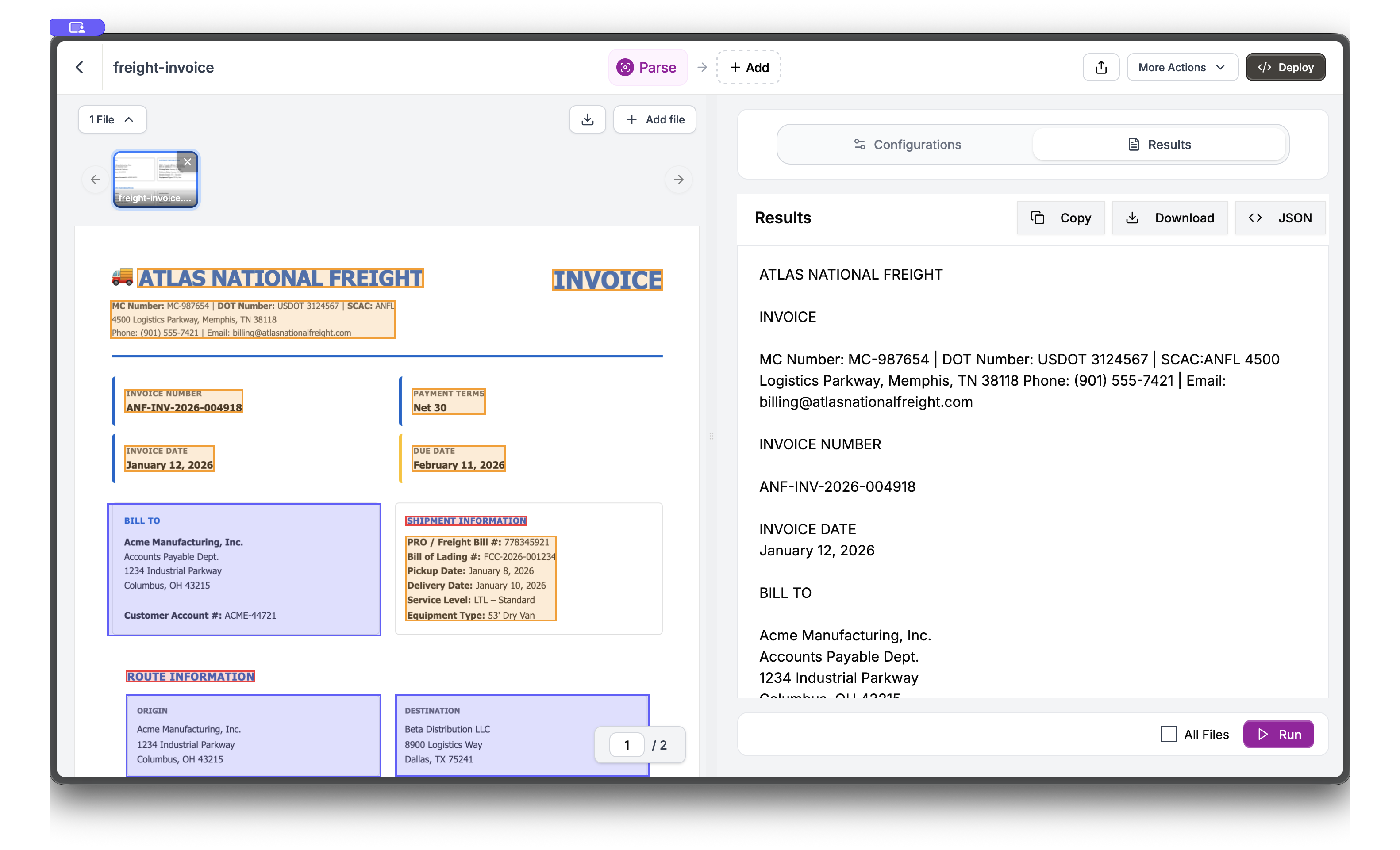 Parse view showing freight invoice with extracted text