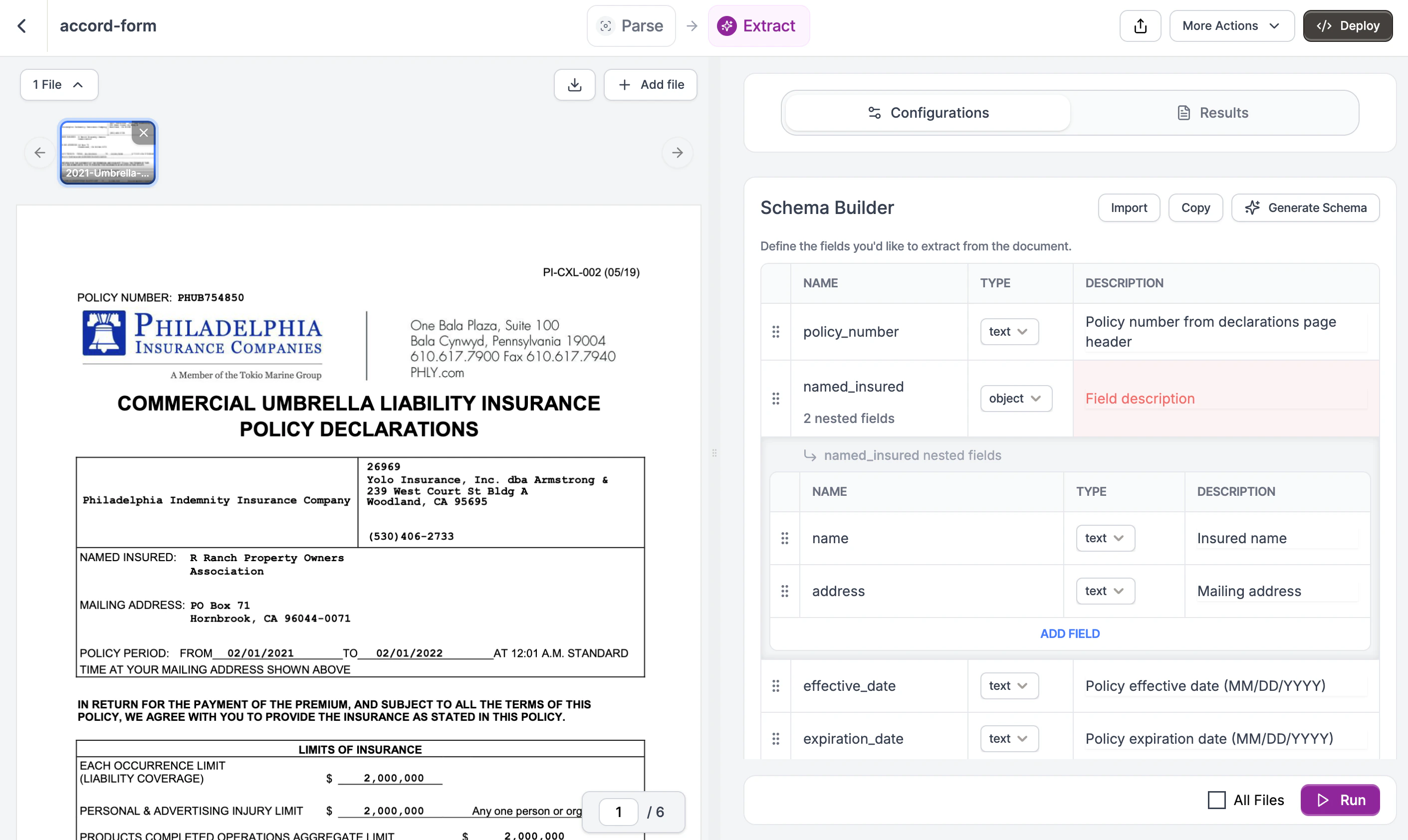 Schema Builder showing policy fields