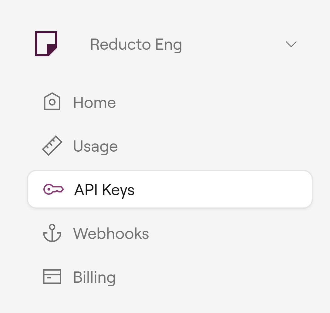 Reducto Studio sidebar showing API Keys option