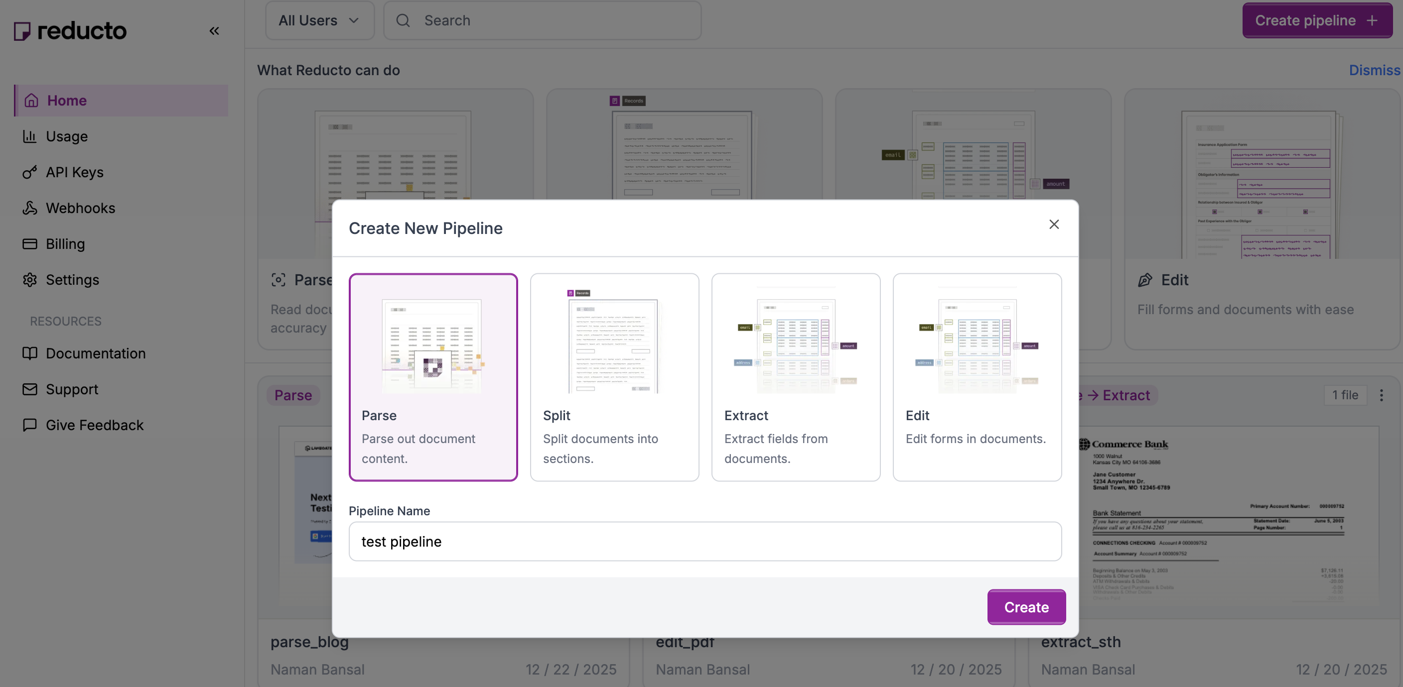 Create pipeline dialog