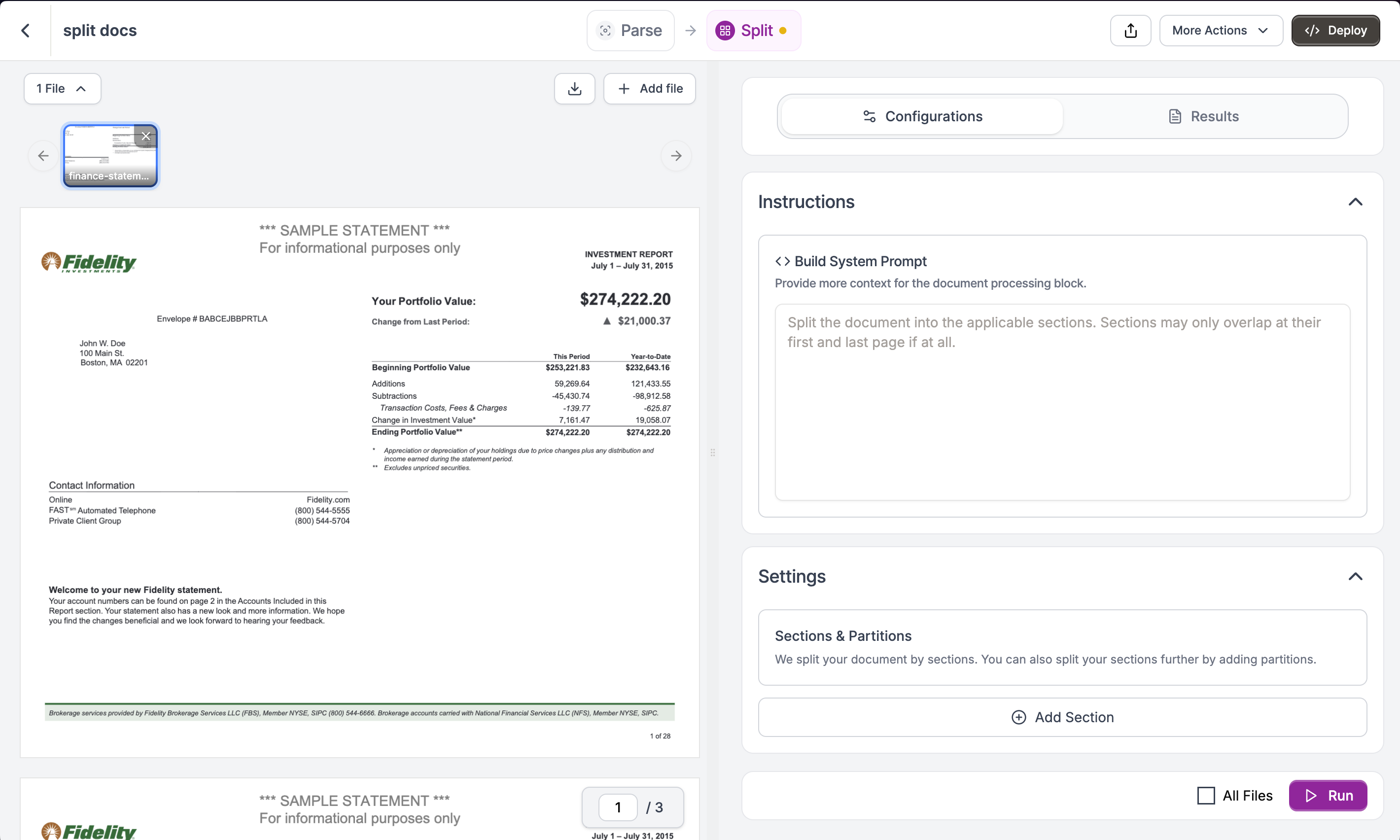 Split configuration panel