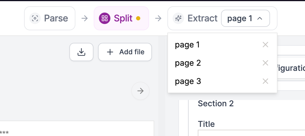 Extract dropdown showing sections