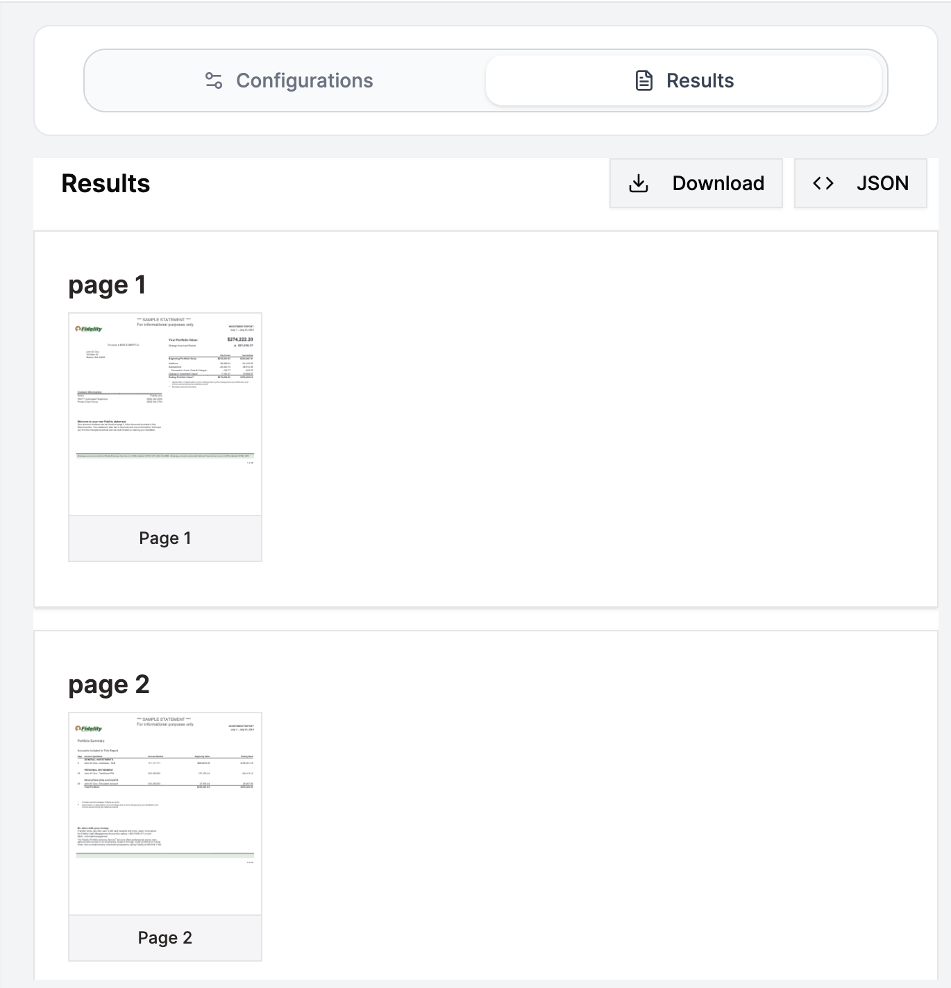 Results with page thumbnails per section