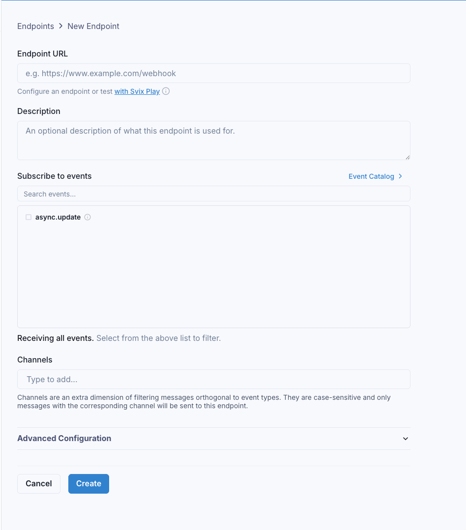 Add endpoint dialog in Svix