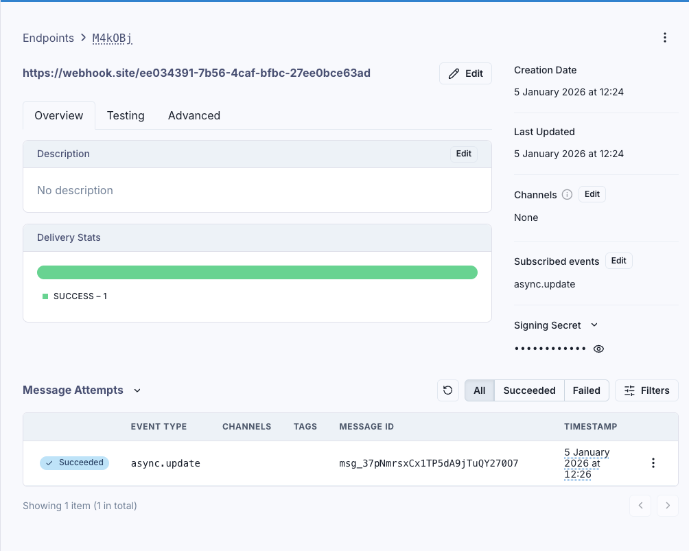 Successful webhook delivery in Svix
