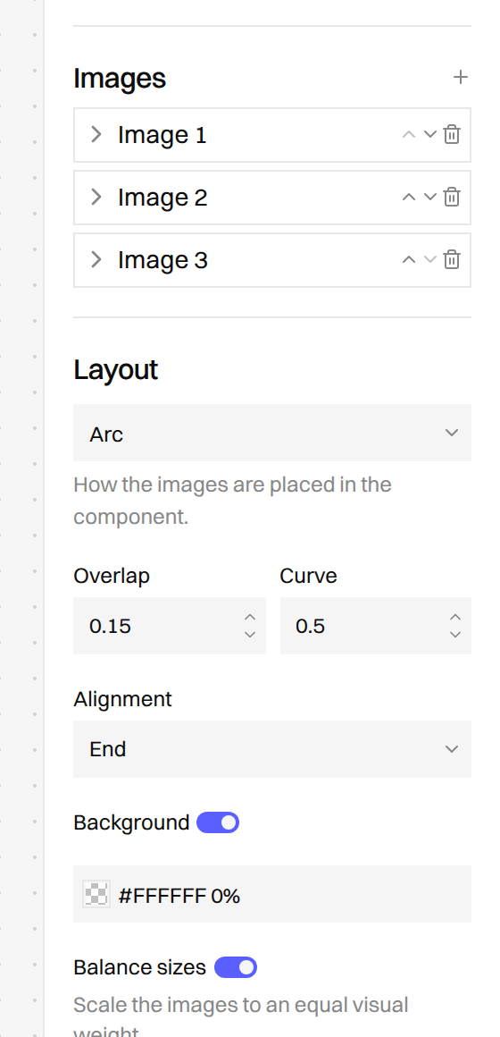 Panneau de configuration avec la liste de trois images, les options de la disposition Arc, Fond et Équilibrer les tailles
