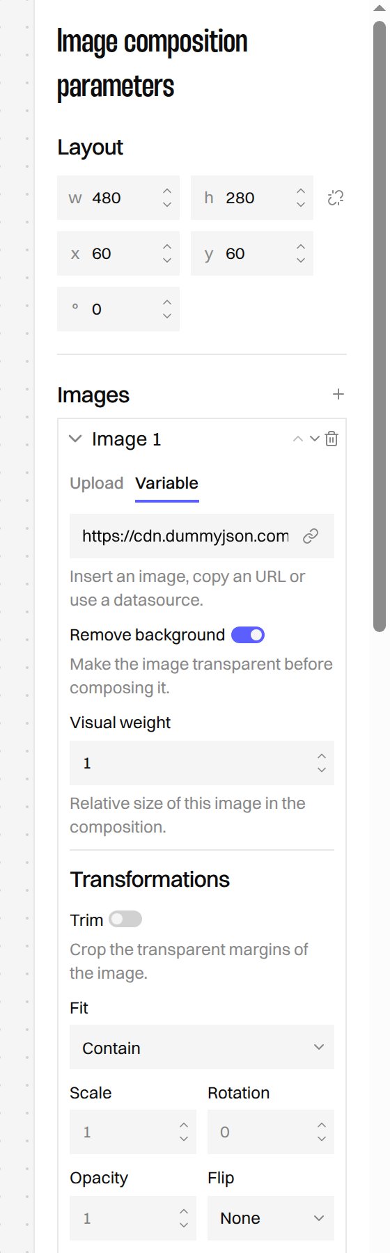 Configuration panel with Image 1 expanded, showing its source, Remove background switch, Visual weight and Transformations