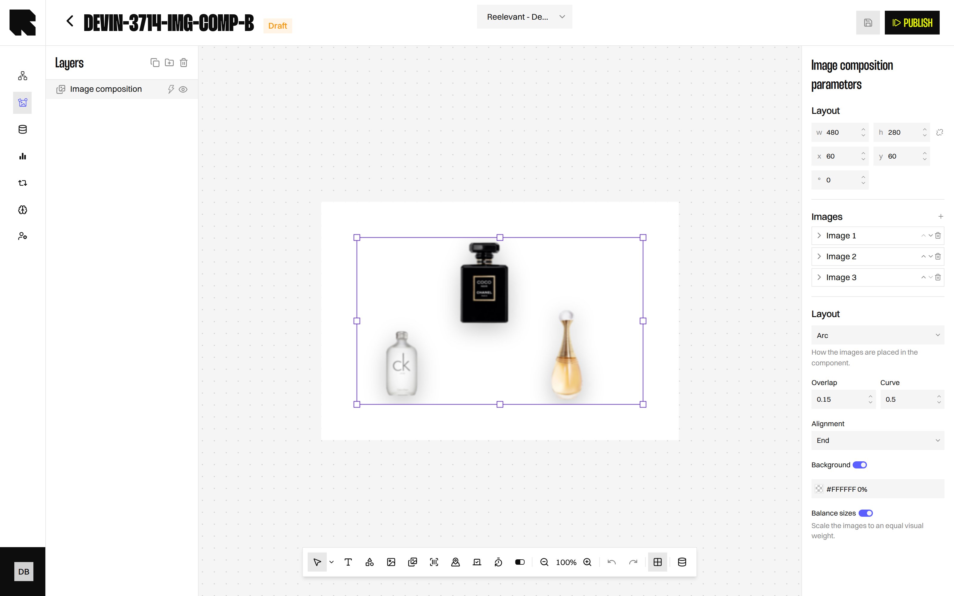 Content Editor with an Image Composition of three transparent perfume bottles arranged in an arc, and its configuration panel