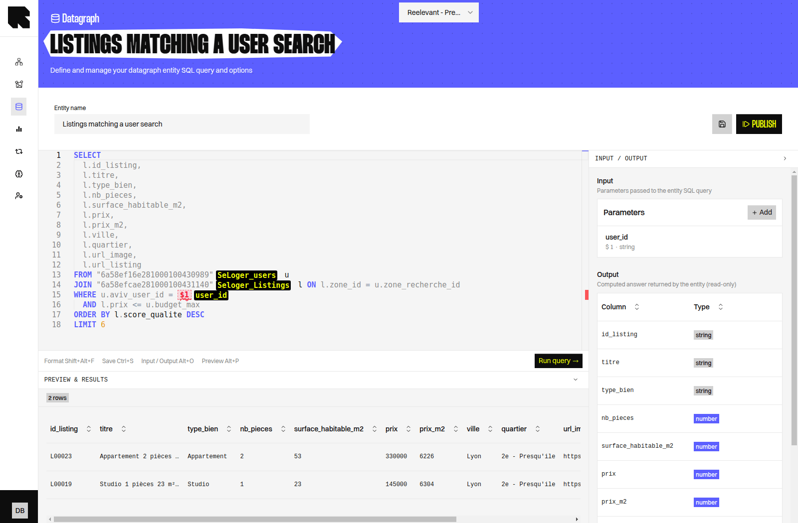Input and Output panel of a Datagraph Entity, showing the user_id parameter and the returned fields with their types