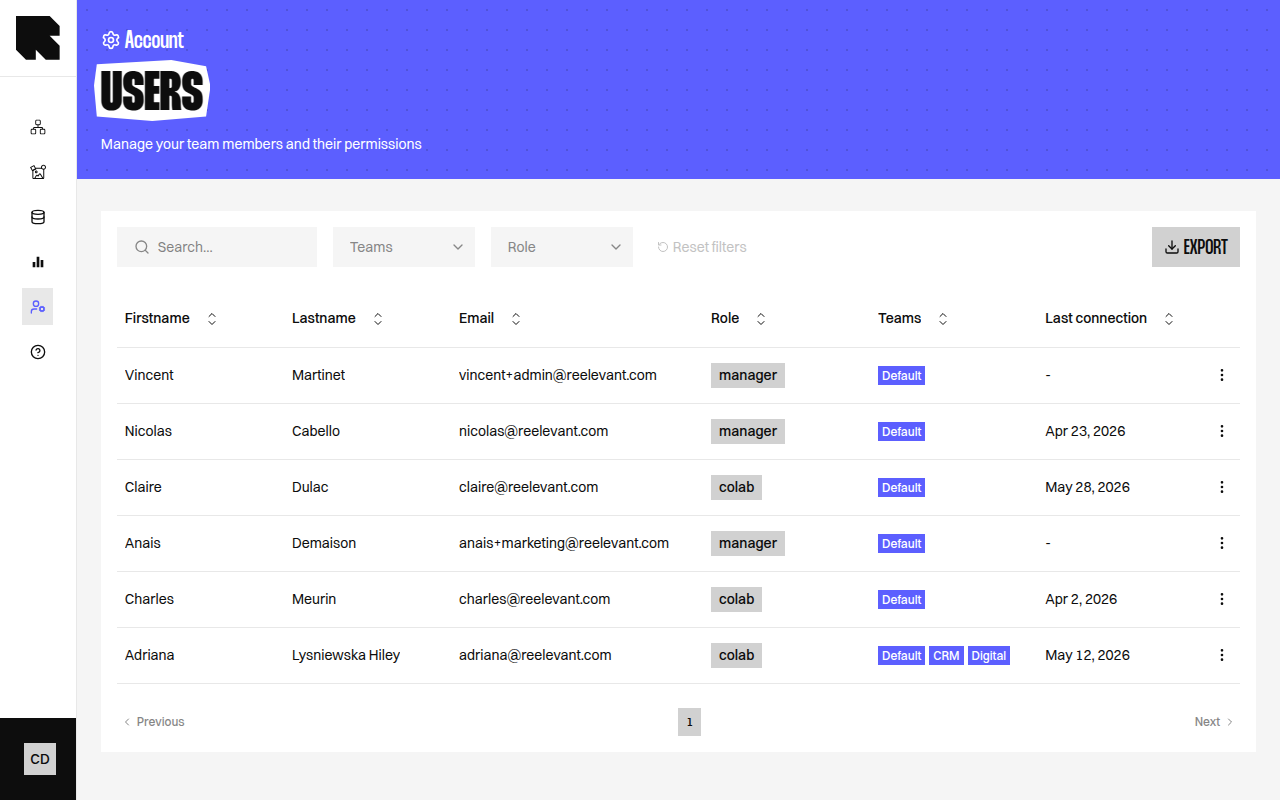 Account management page showing users, roles, and teams sections