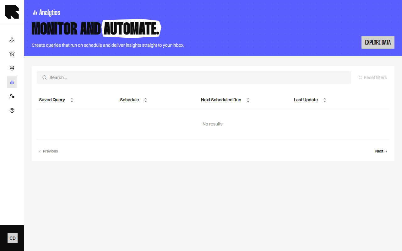 Saved queries listing page showing query table