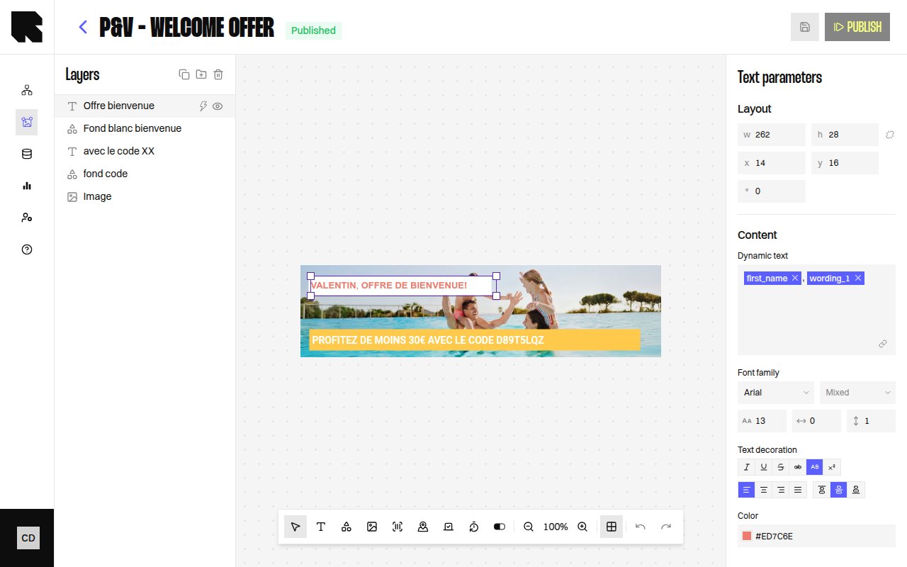 Text component selected on the canvas with configuration panel open