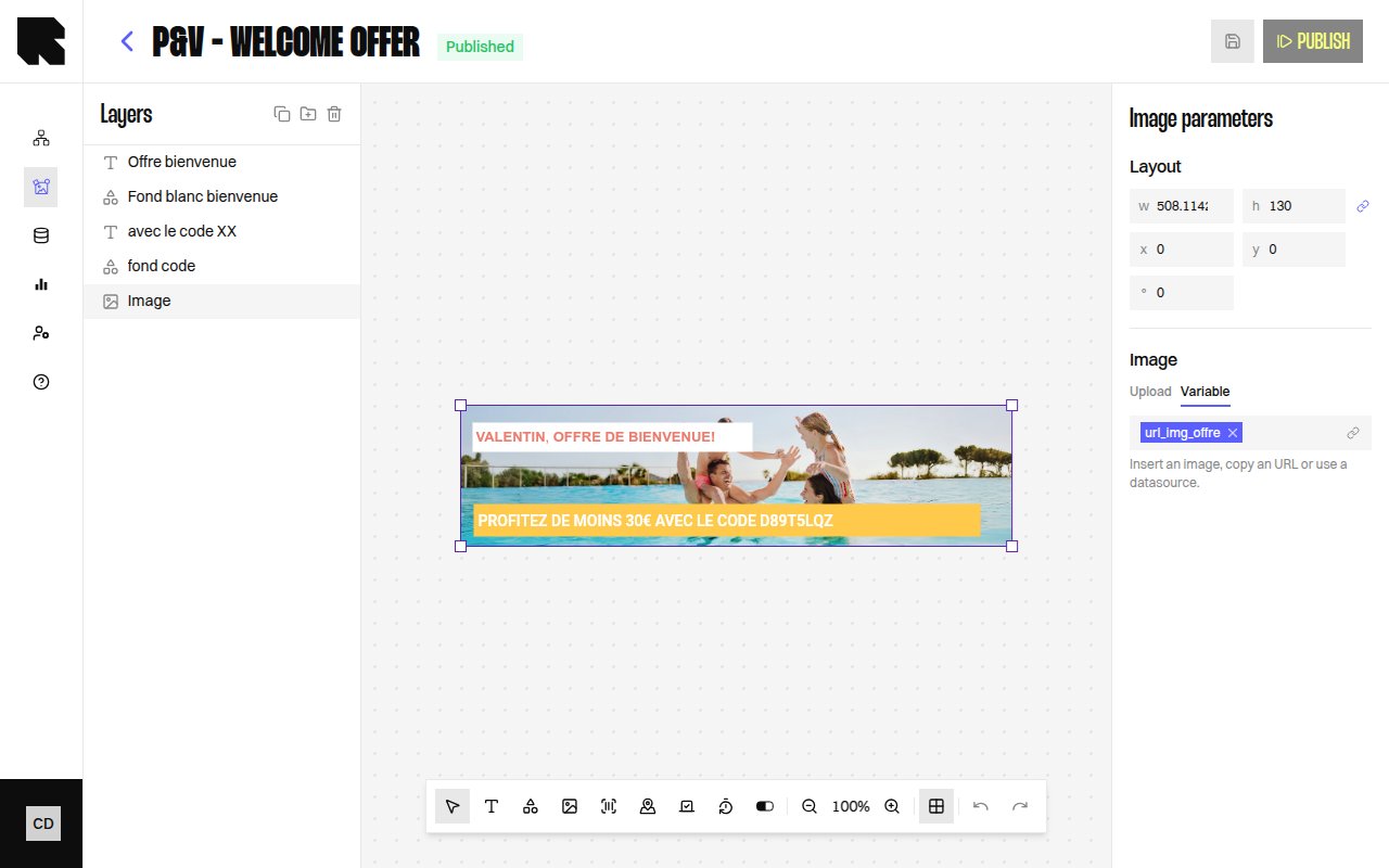 Content editor with canvas, toolbar, layers panel, and configuration panel