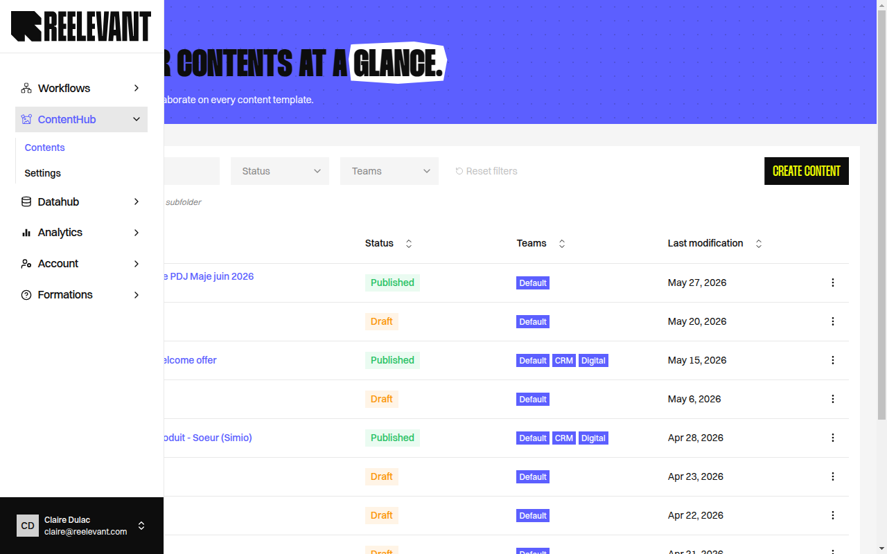 Content listing page showing a table of content templates