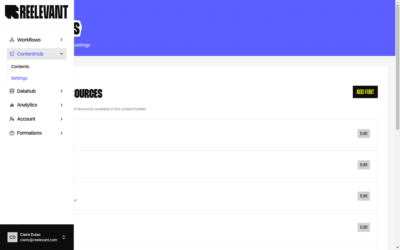 Content settings page showing font management