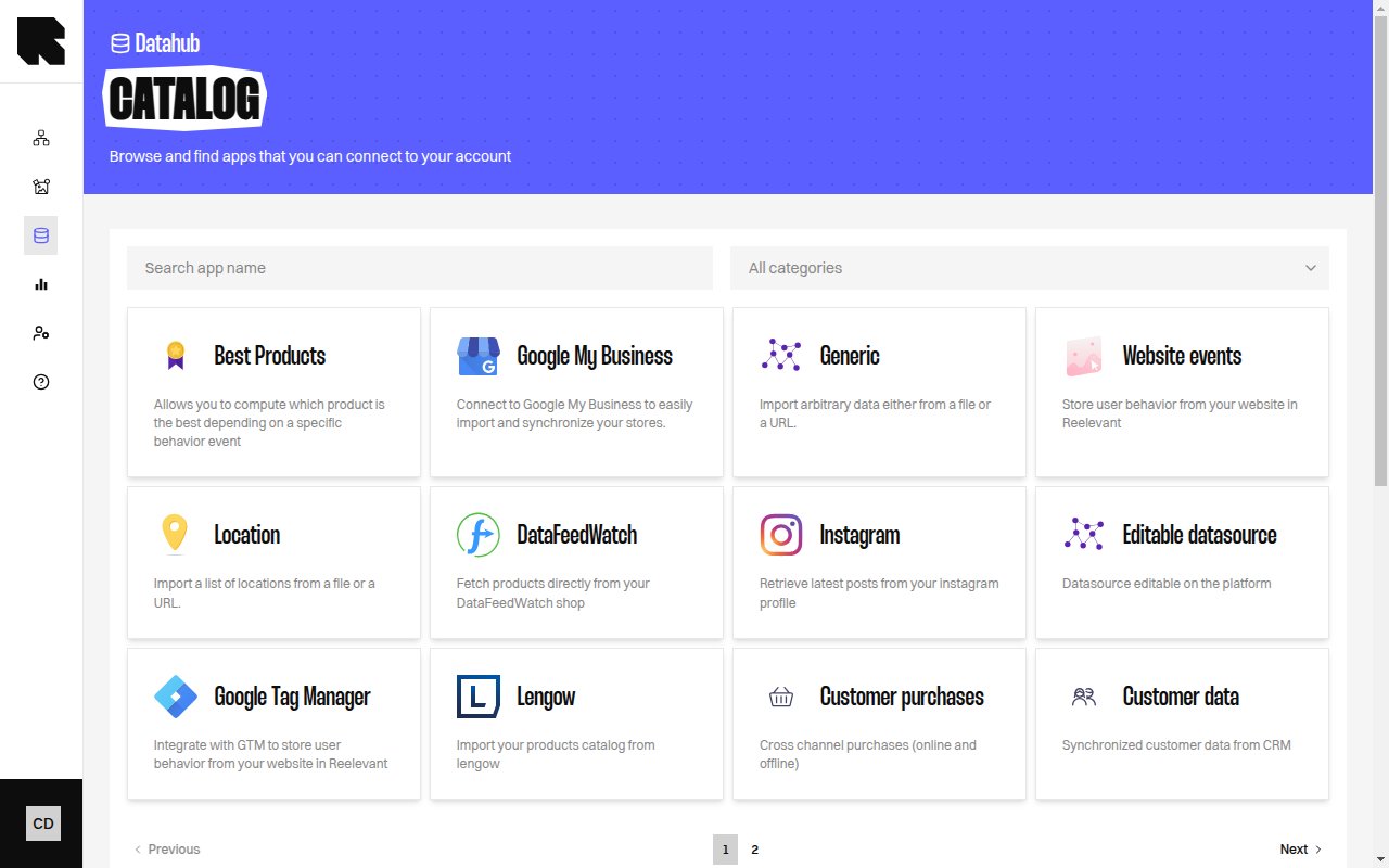 DataHub catalog page showing datasource type cards