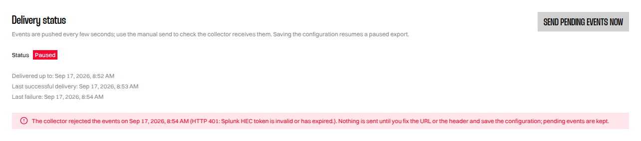 Delivery status section showing a Paused badge and the error returned by the collector