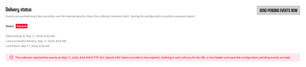 Delivery status section showing a Paused badge and the error returned by the collector