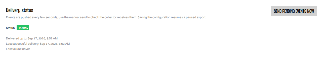 Delivery status section showing a Healthy badge with the delivered up to and last successful delivery dates