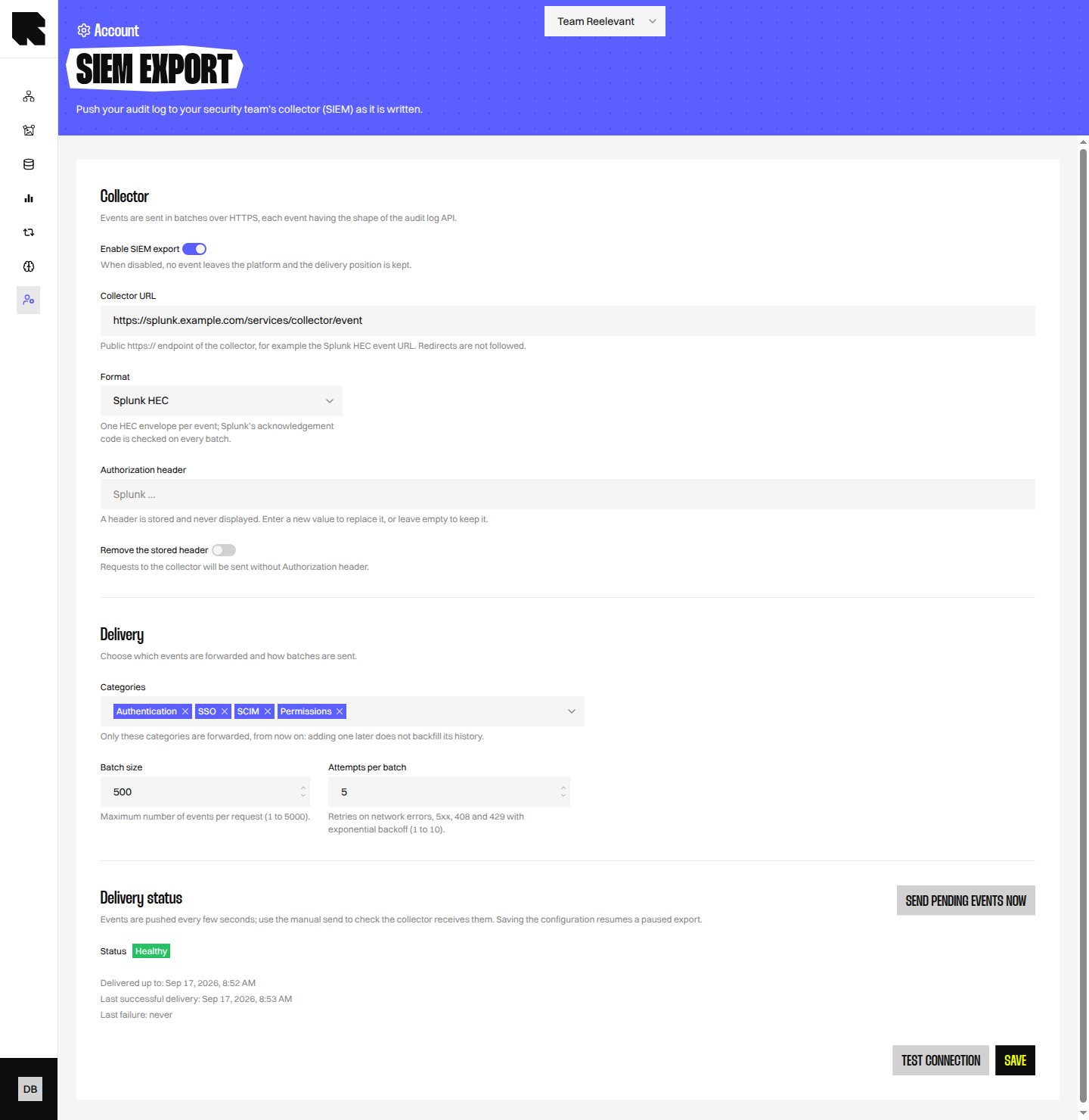 SIEM export settings page with the collector, delivery and delivery status sections
