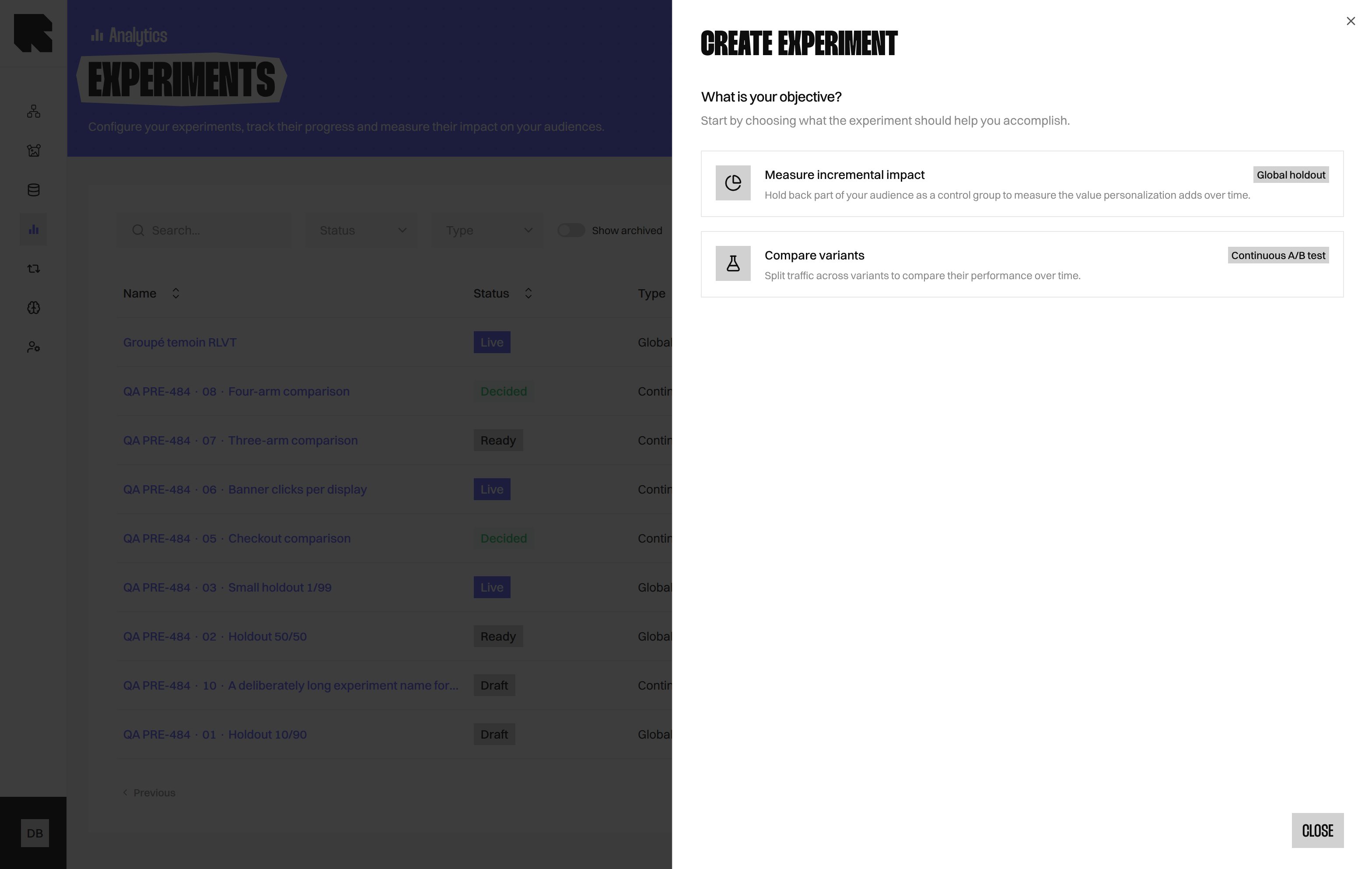 Sélecteur de type présentant les objectifs Groupe témoin global et Test A/B continu